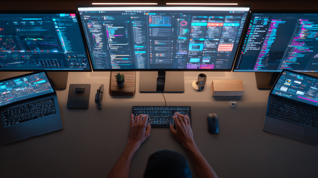 photorealistic, cinematic overhead shot of a highly organized digital workspace. A person's hands are visible, skillfully navigating across multiple high-end software interfaces on large monitors (e.g., Ahrefs, SEMrush, ChatGPT, Canva Pro). The desk is clean, modern, with subtle tech glow. Emphasize efficiency and power. --ar 16:9